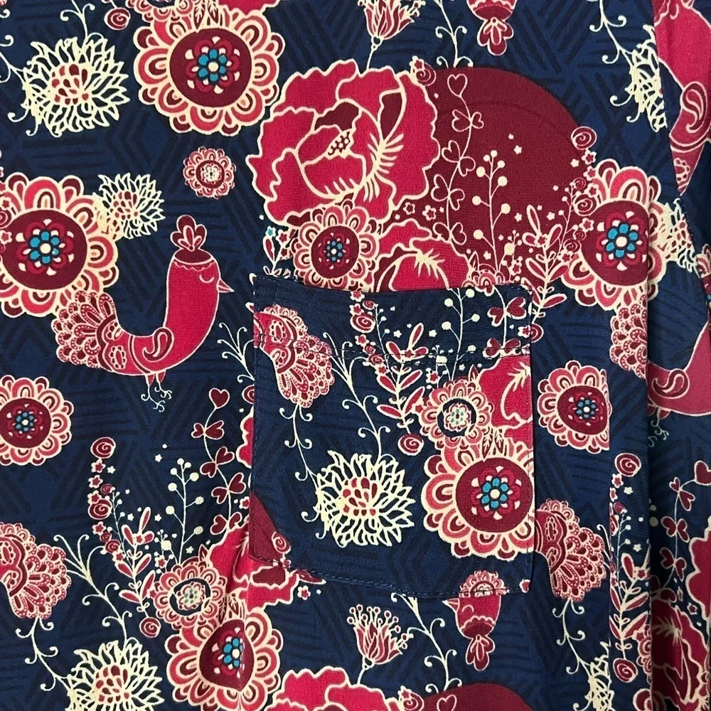 LuLaRoe Carly Floral Print Navy and Red Short Sleeve High-Low Swing Dress - S